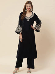 Zari Neck Embroidered Velvet Kurta With Palazzo