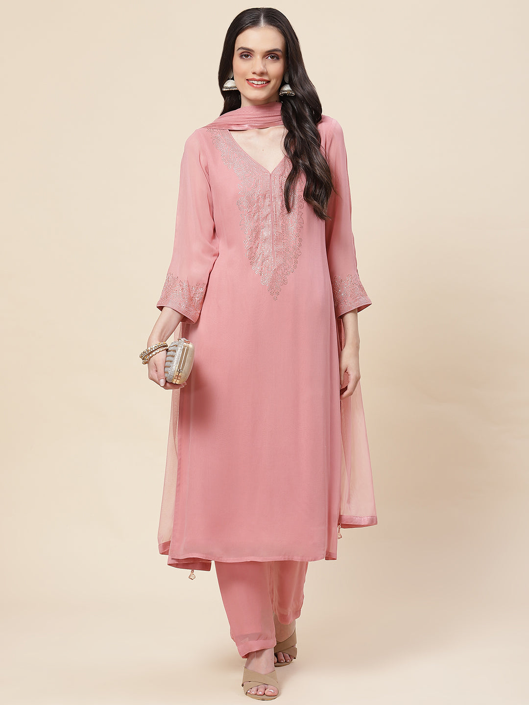 Neck Embellished Georgette Kurta With Palazzo & Dupatta