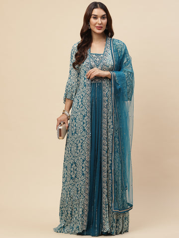Neck Embroidered Georgette Gown With Jacket & Dupatta