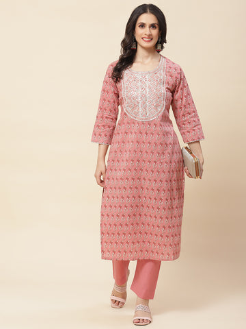 Printed  & Neck Embroidered Cotton Kurta With Pants