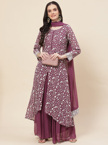 Embroidered Georgette Kurta With Palazzo & Dupatta