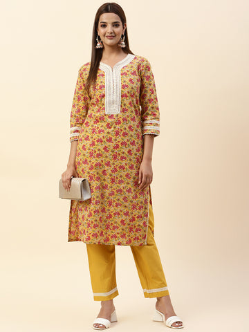 Floral Printed Cotton Kurta With Pants