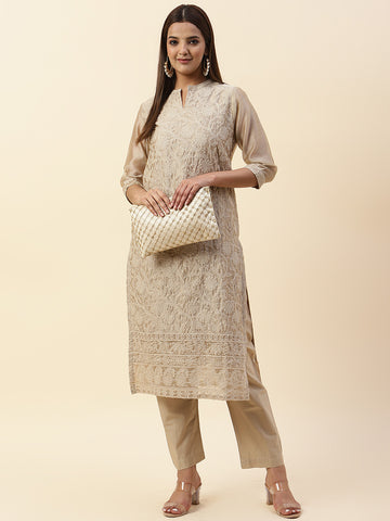 Embroidered Chanderi Kurta With Pants