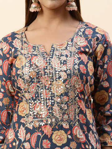 Printed & Neck Embroidered Muslin Kurta With Pants