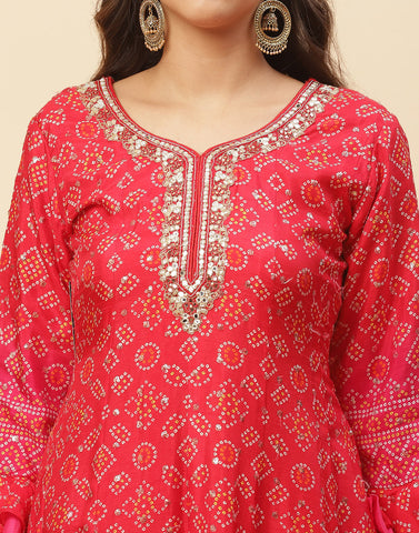Bandhini Printed Handloom Dupion Salwar Kameez Stitched Suit With Art Silk Dupatta