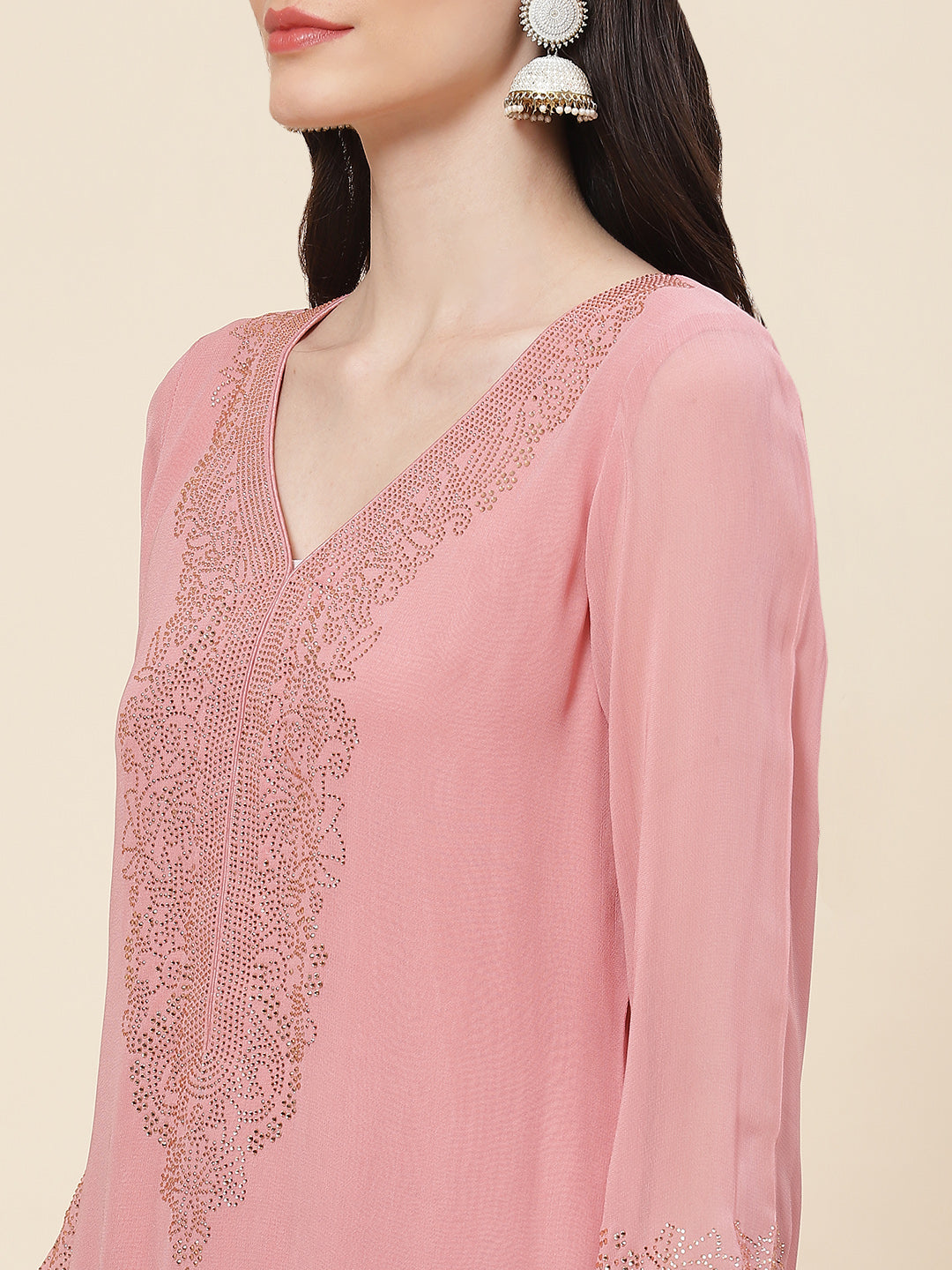 Neck Embellished Georgette Kurta With Palazzo & Dupatta