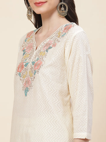 Neck Embroidered Cotton Kurta With Pants & Dupatta