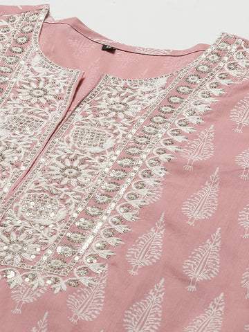 Printed & Neck Embroidered Cotton Kurta With Pants