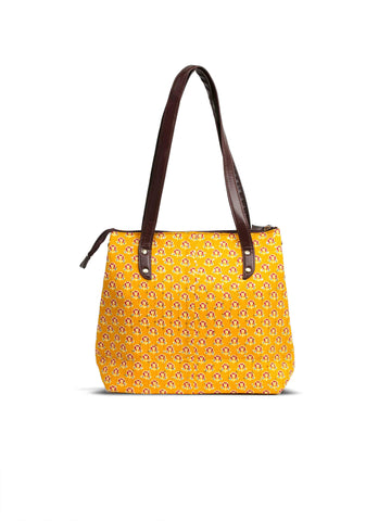 Mustard & Maroon Printed Cotton Handbag With Pouch