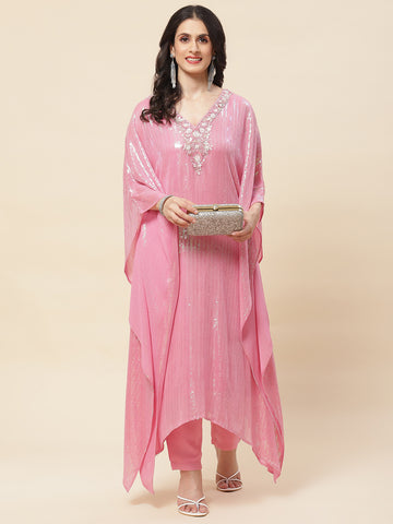 Sequin Embroidered V-Neck Georgette Kurta With Pants