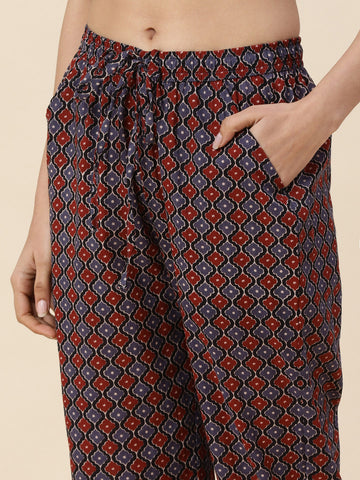 Zari Neck Embroidered & Printed Cotton Kurta With Pants