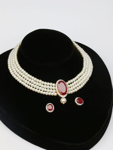Silver & Maroon Pearl Necklace Set With Earrings