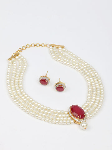 Silver & Maroon Pearl Necklace Set With Earrings
