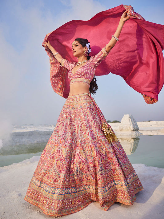 Printed & Thread Embroidered Choli With Unstitched Lehenga & Dupatta