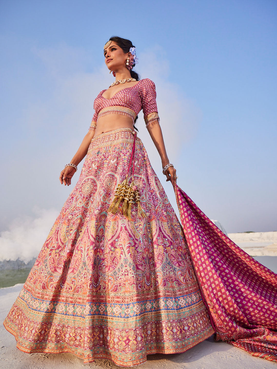 Printed & Thread Embroidered Choli With Unstitched Lehenga & Dupatta