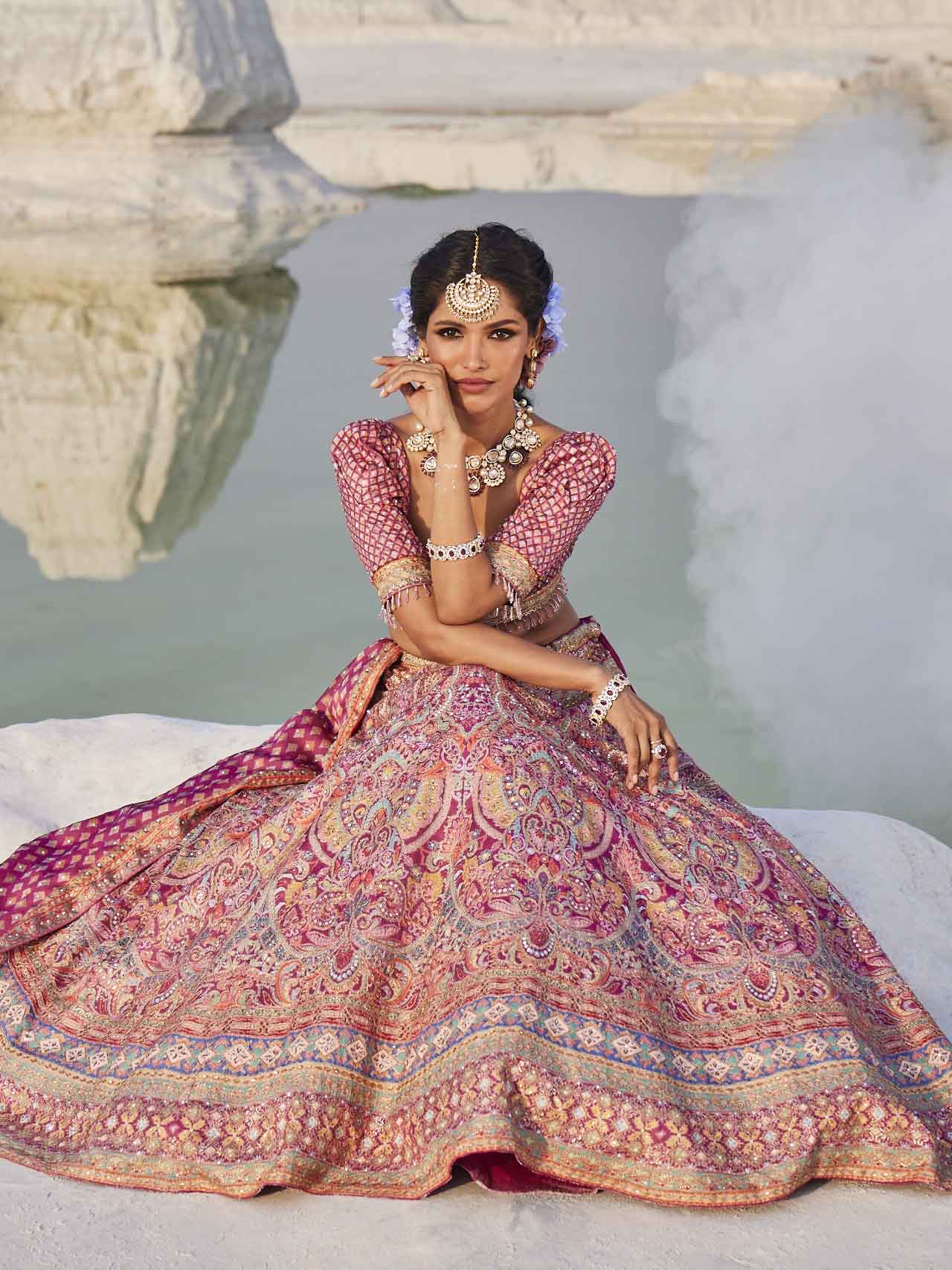 Printed & Thread Embroidered Choli With Unstitched Lehenga & Dupatta