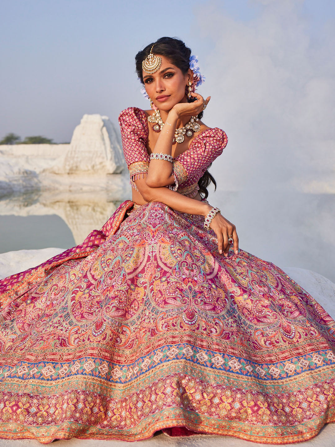 Printed & Thread Embroidered Choli With Unstitched Lehenga & Dupatta