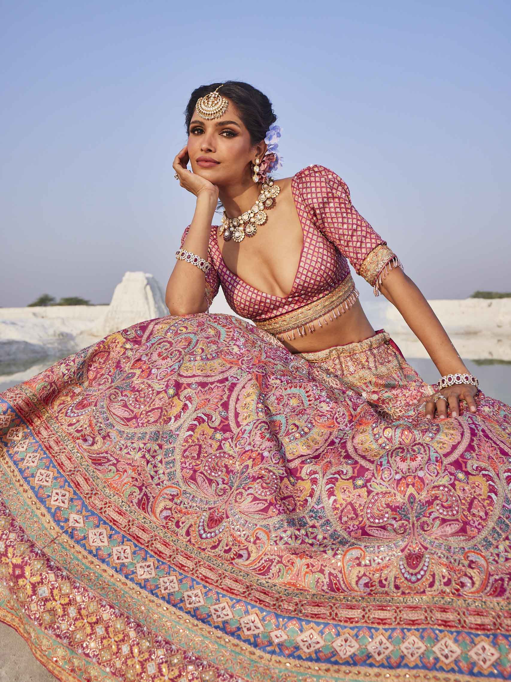 Printed & Thread Embroidered Choli With Unstitched Lehenga & Dupatta